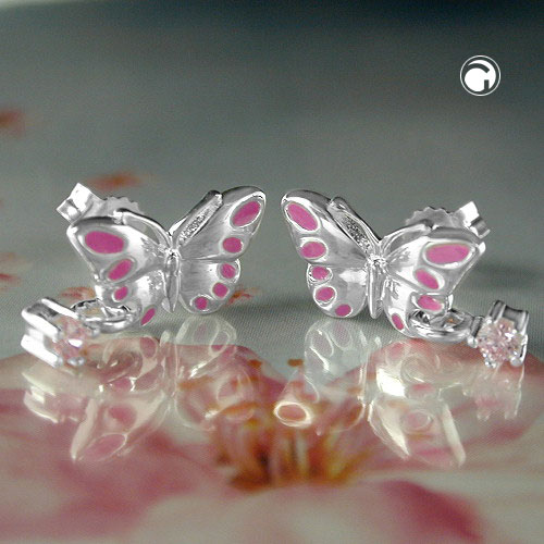 Ear studs argent papillon rose vue de profil