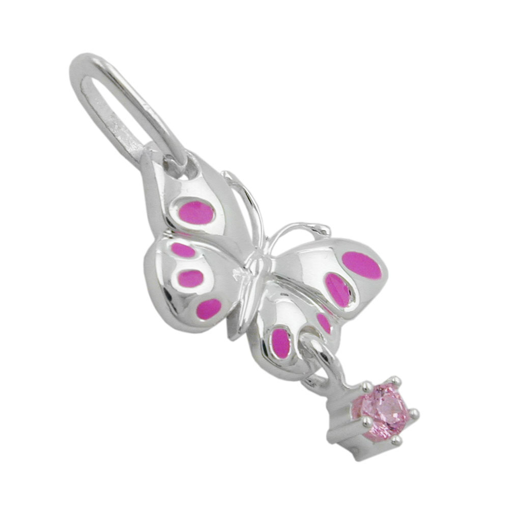 Pendentif argent 925 papillon rose laqué avec zircon rose