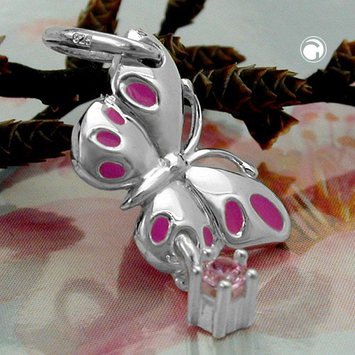 Bijou argent papillon ailes roses et zircon cubique mobile