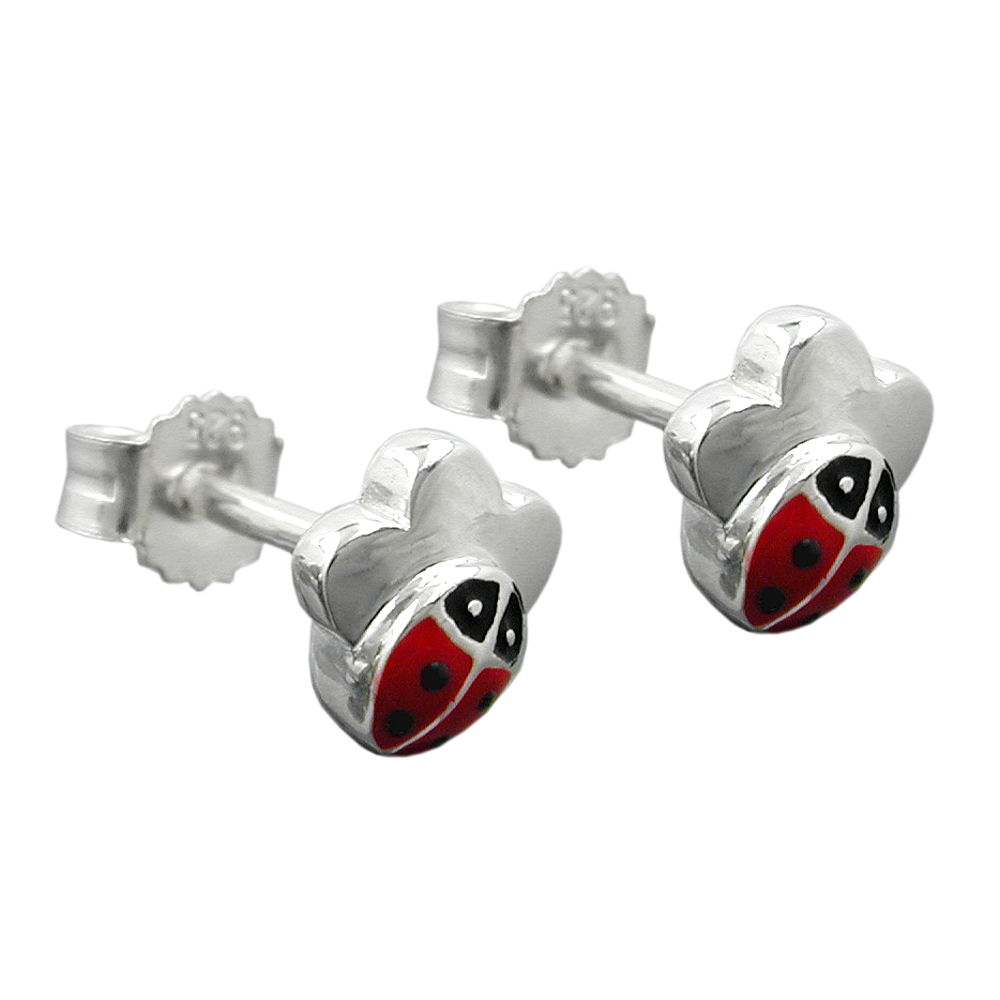 Boucles d'oreilles argent 925 fleur et coccinelle