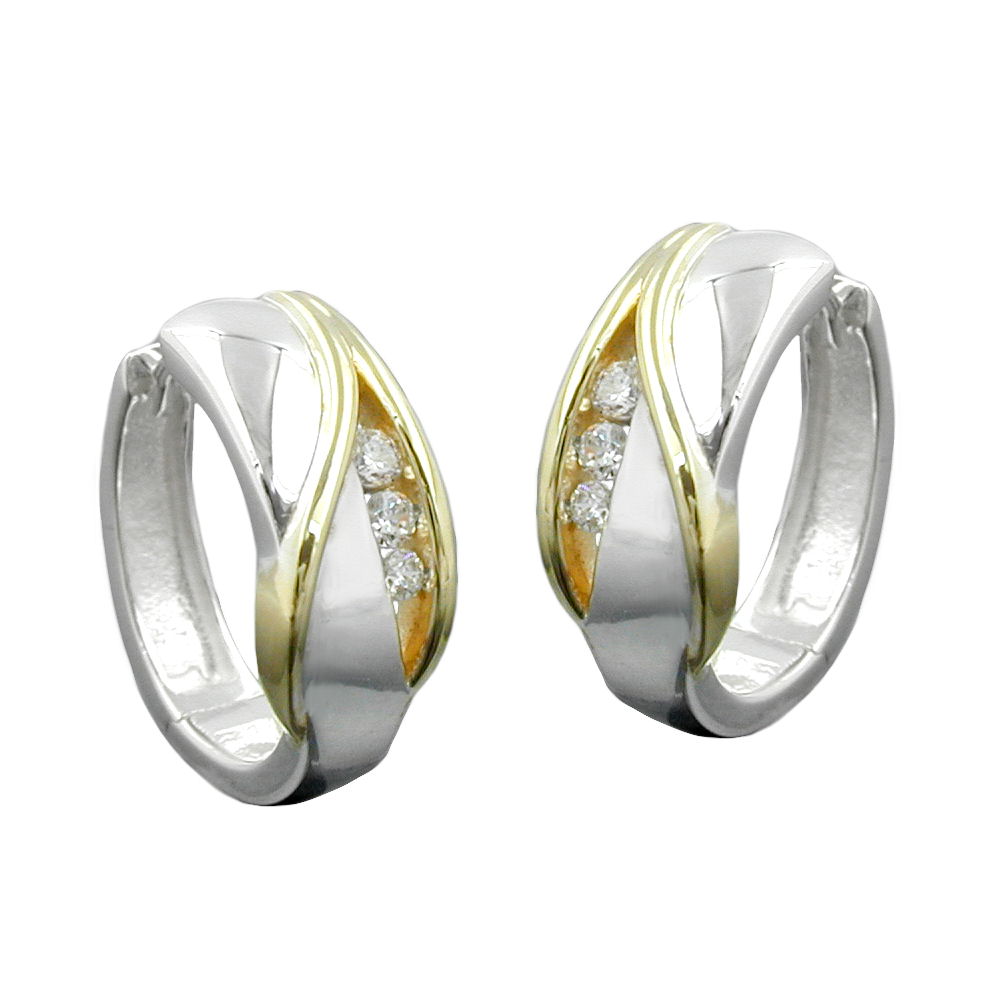 Boucles d'oreilles argent 925 bicolores avec zirconias vue de face