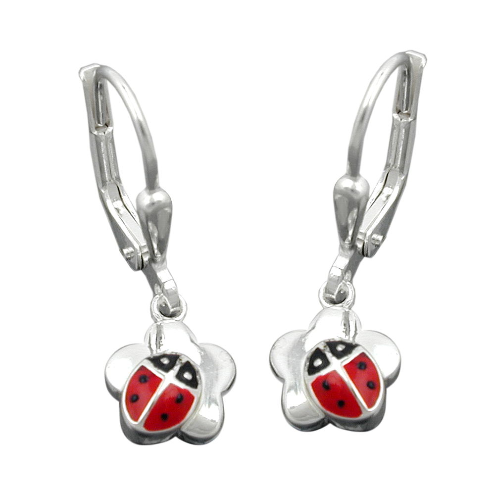 Boucles d'oreilles argent 925 fleur et coccinelle avec fermoir à levier