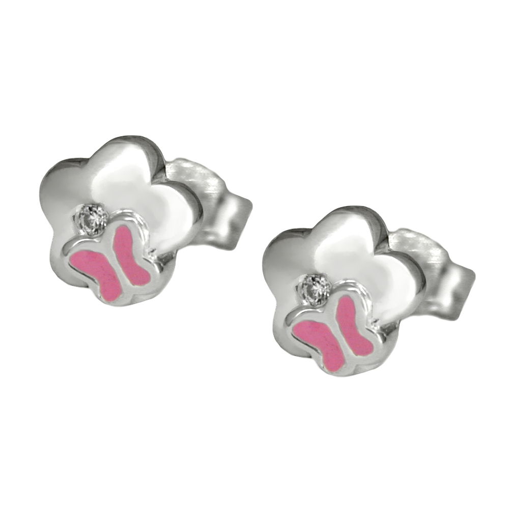 Boucles d'oreilles argent 925 fleur papillon rose laqué zirconium