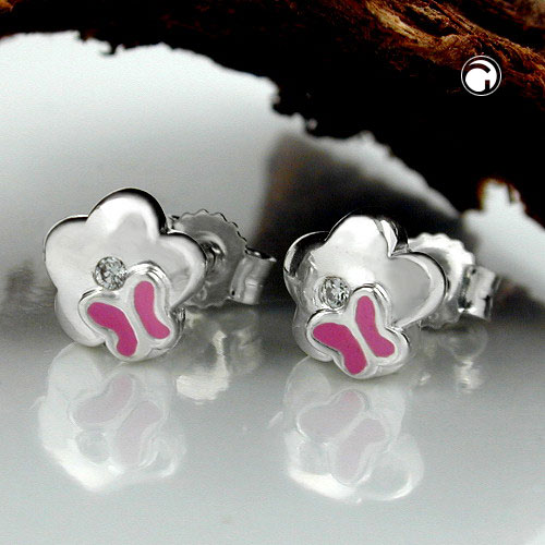 Paire de boucles d'oreilles argent sterling fleur papillon rose