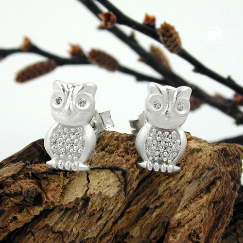 Boucles d'oreilles clous hibou argent sterling zircon
