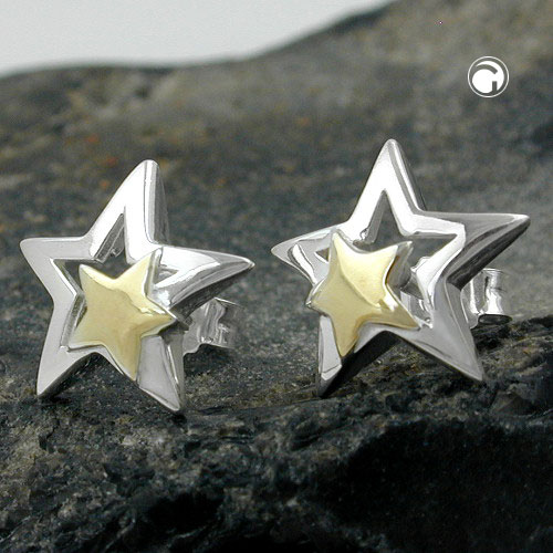 Paire de boucles d'oreilles puces argent et or motif étoile