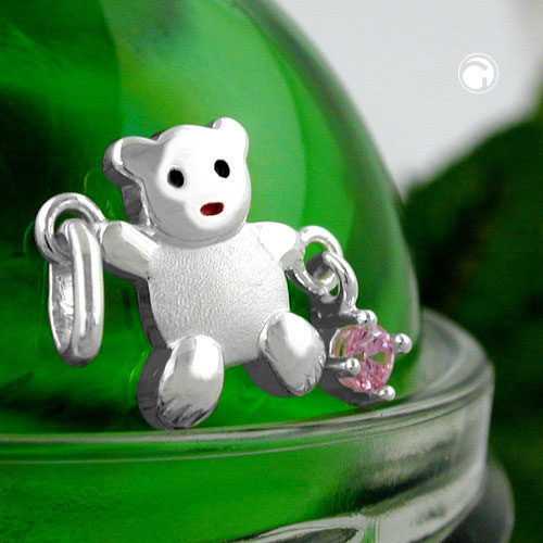 Bijou argent ours avec pierre rose vue de face
