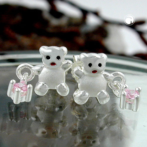 Paire de boucles d'oreilles argent sterling ours et zircon rose