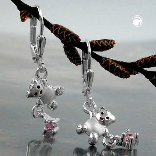 Pendentif ours en argent 925 avec zircon rose, boucles d'oreilles