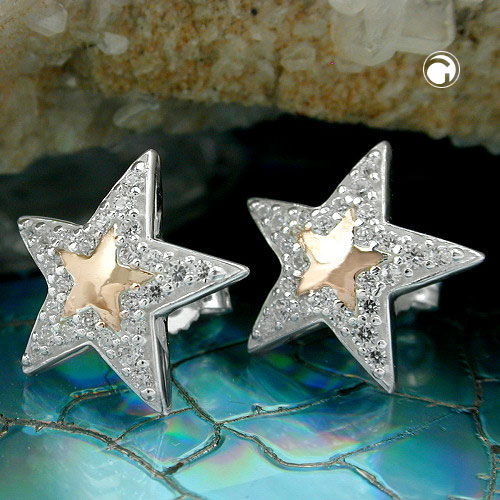 Studs argent étoiles deux tons zircon vue de profil