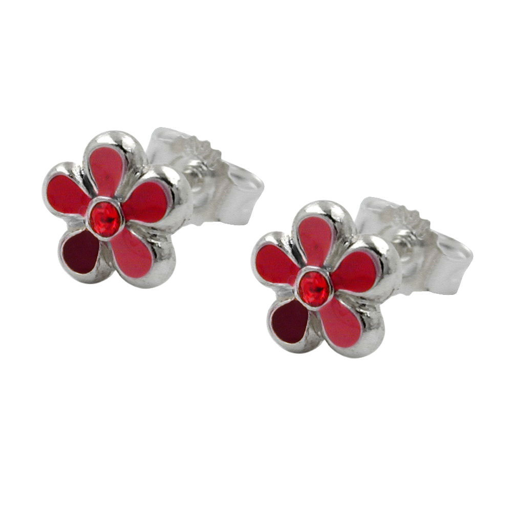 Boucles d'oreilles argent 925 fleur laque rouge