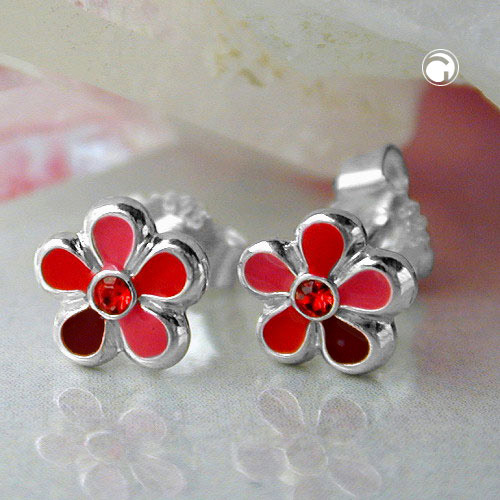 Puce d'oreille argent sterling motif floral rouge