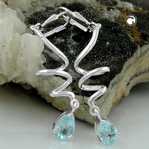 Boucles d'oreilles argent à levier topaze bleue vue de profil