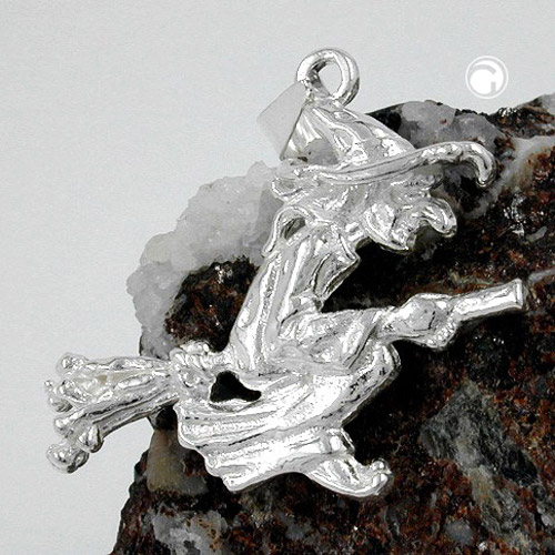 Pendentif argent sorcière sur balai, vue arrière creuse