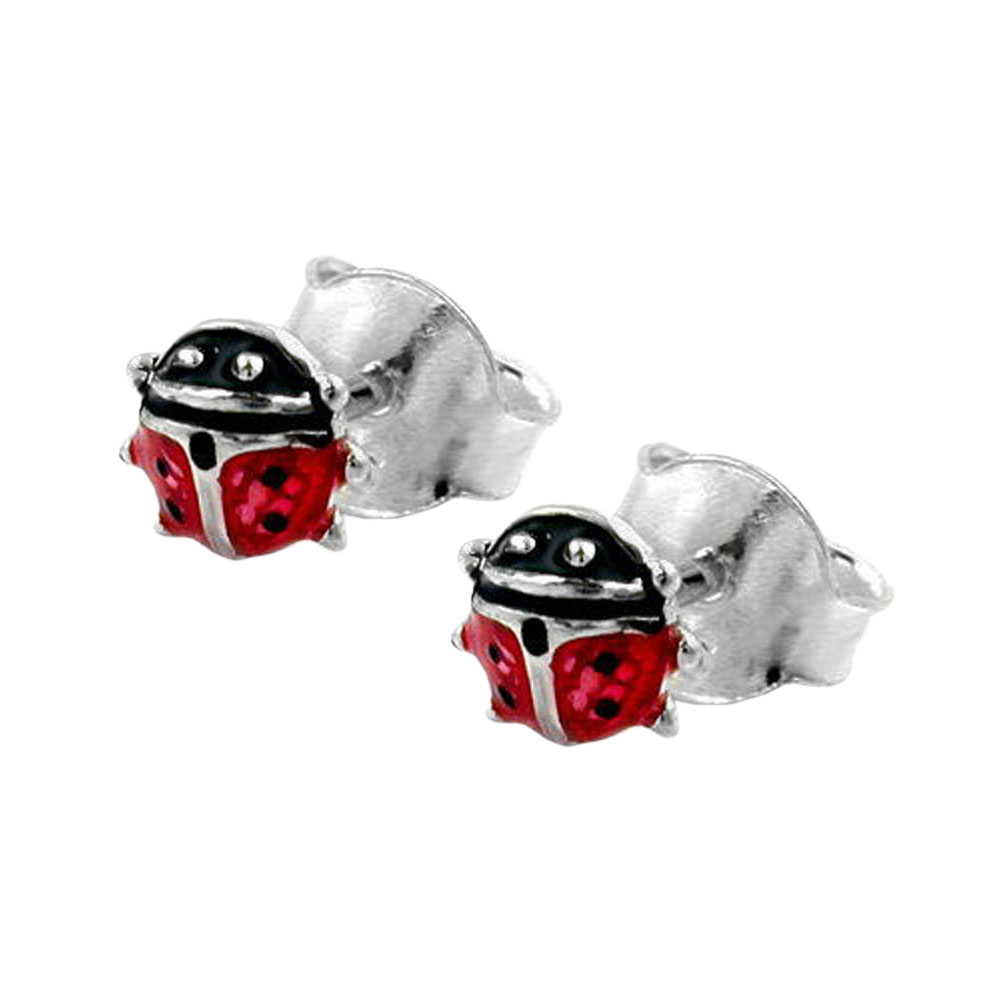 Boucles d'oreilles argent 925 coccinelle émaillée rouge et argent