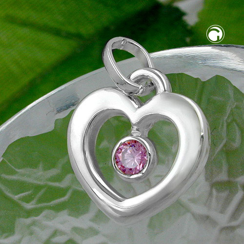 Pendentif coeur argent sterling zircon rose vue de face