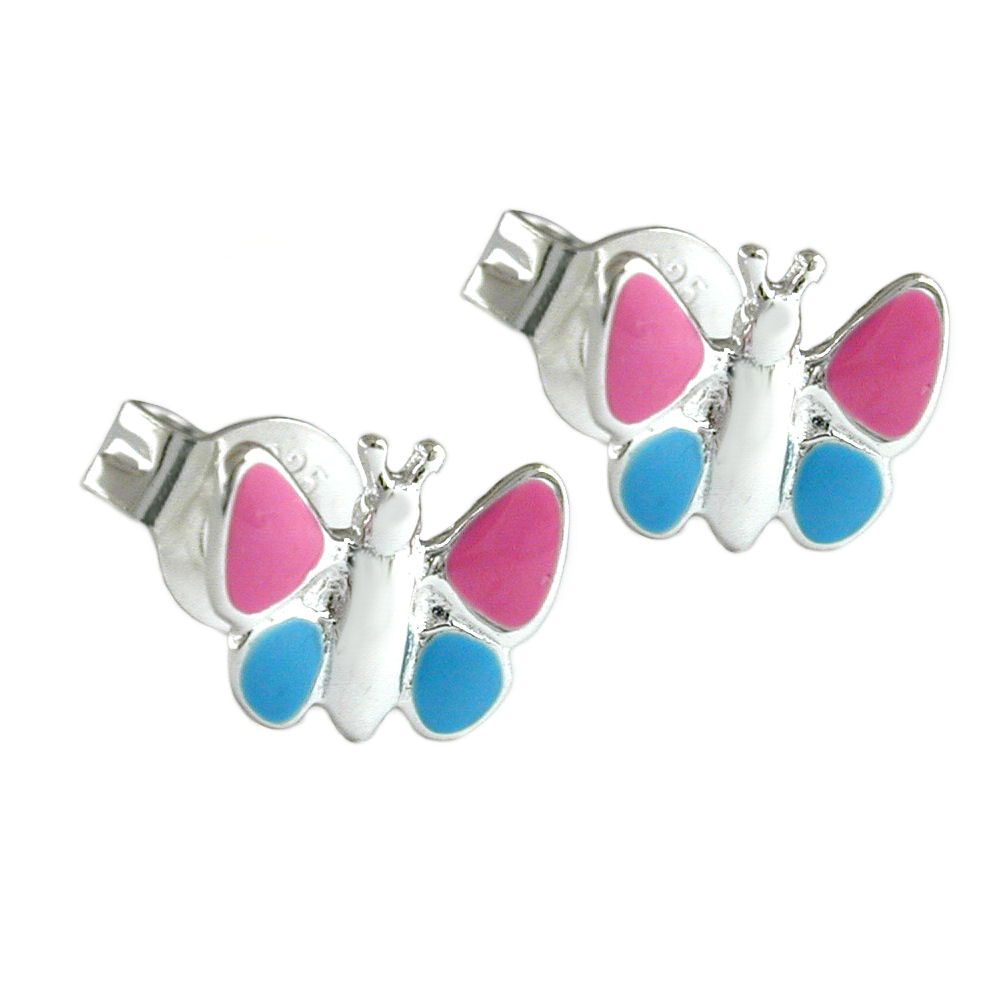 Boucles d'oreilles argent 925 papillons laqués rose et bleu