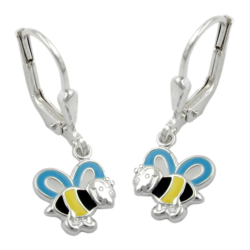 Boucles d'oreilles argent 925 avec pendentif abeille laqué noir et jaune