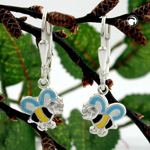 Boucles d'oreilles argent sterling motif abeille laqué bleu et blanc