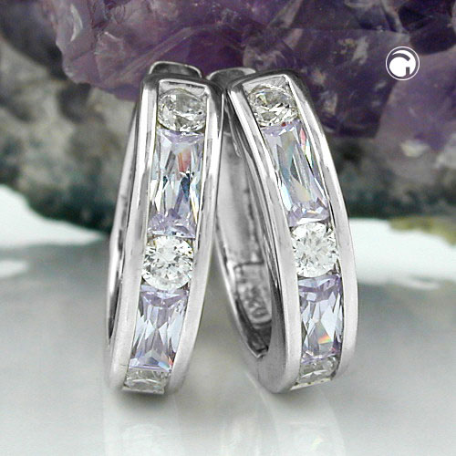 Paire de boucles d'oreilles argent sterling zirconium améthyste vue de face