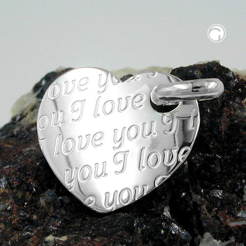 Pendentif argent sterling coeur avec inscription romantique, vue de profil