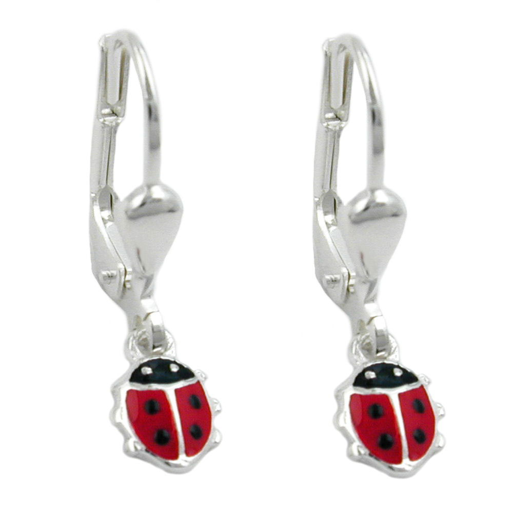 Boucles d'oreilles argent 925 pendentif coccinelle laqué rouge et noir
