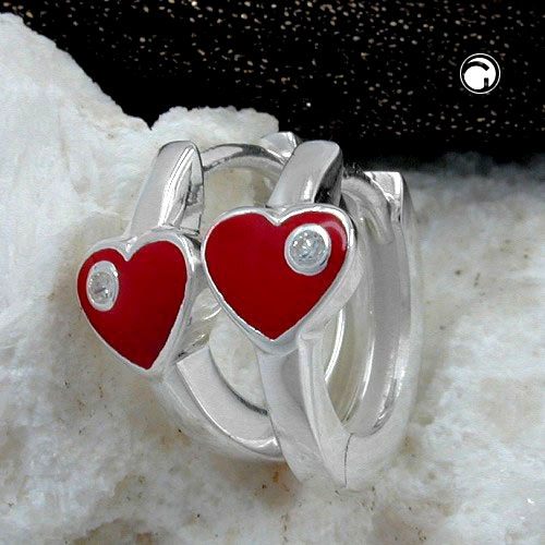 Créoles argent cœur rouge laqué zirconia vue de face