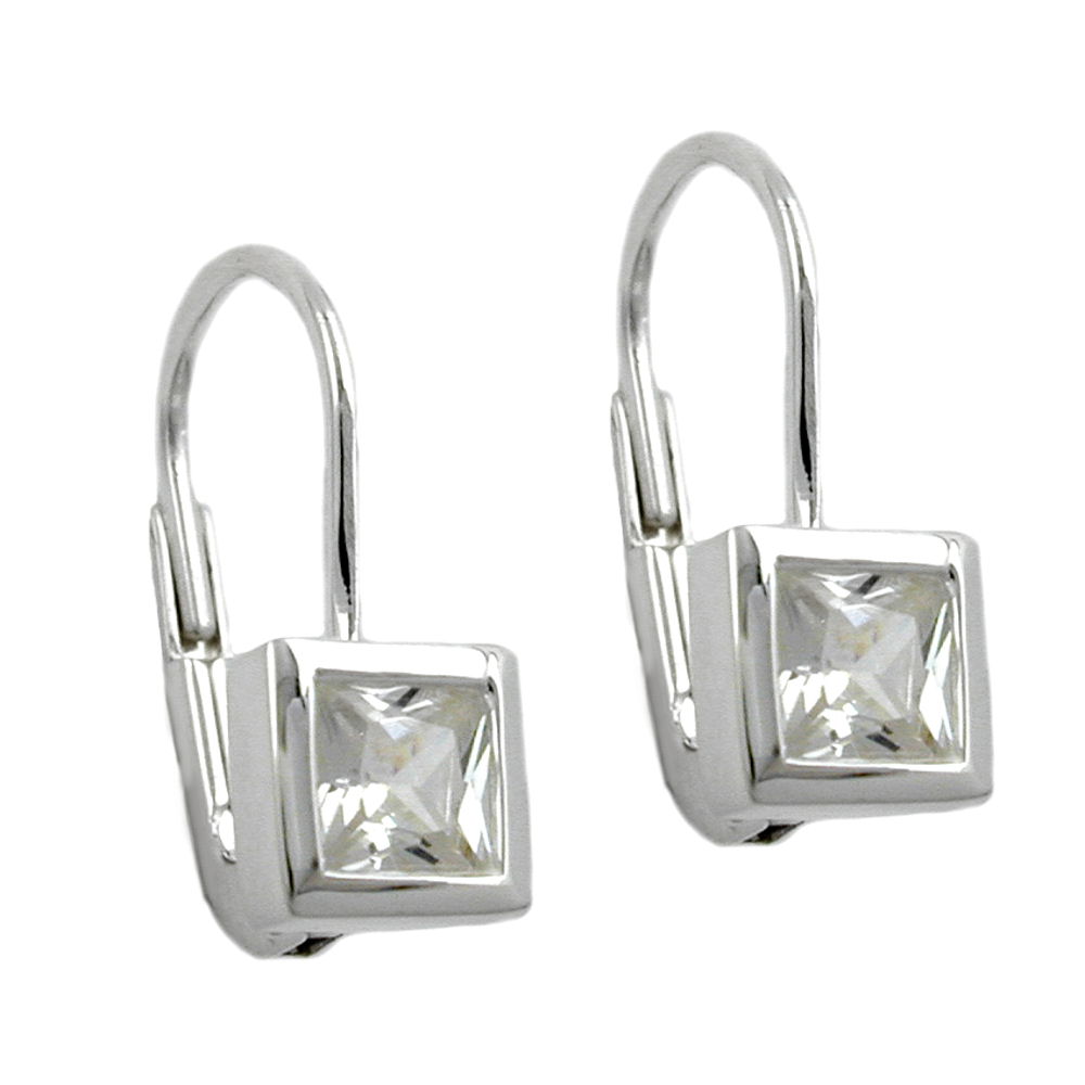 Boucles d'oreilles argent 925 avec zirconium cubique, design quadrangular