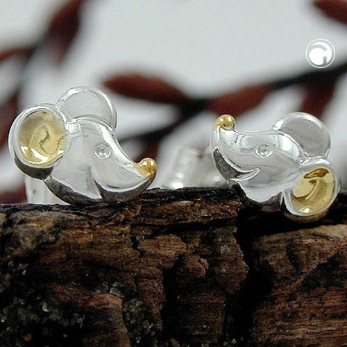 Puce oreille argent sterling forme souris design doré sur fond blanc