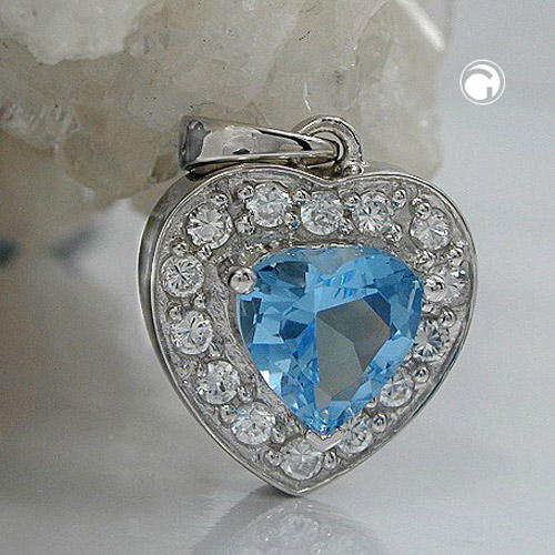 Pendentif argent sterling cœur zirconium bleu vue détail