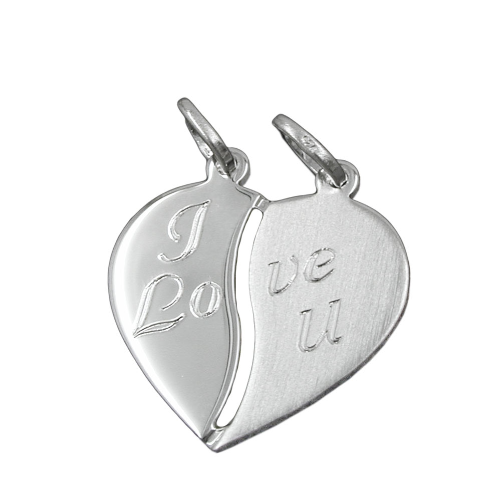 Pendentif argent 925 deux cœurs amovibles mat gravé I Love U
