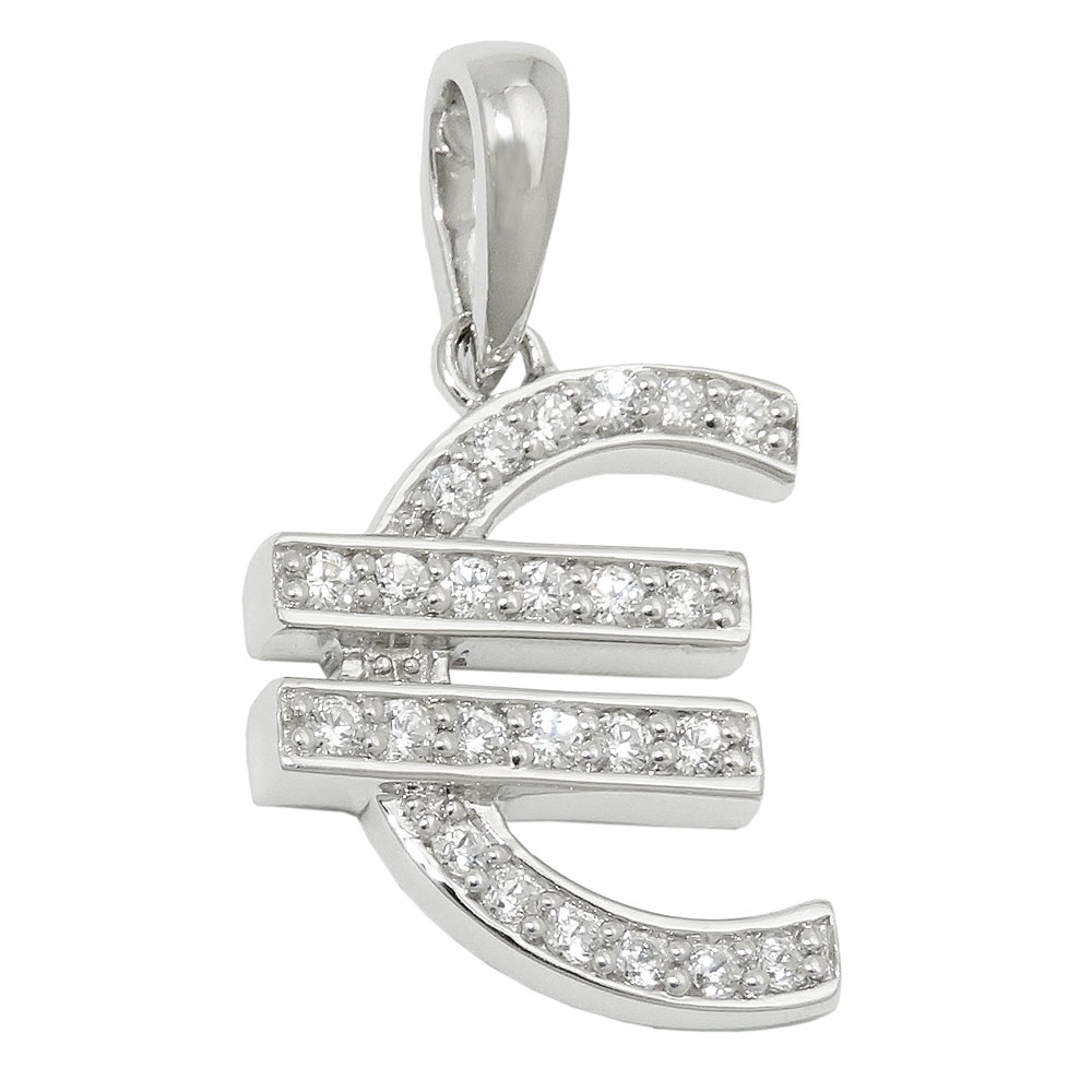 Pendentif argent 925 symbole Euro serti de zirconias sur fond blanc