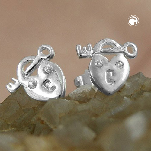 Paire de boucles d'oreilles argent sterling cœur clé vue de face