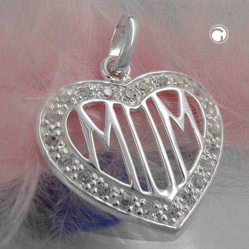 Bijou argent sterling cœur MOM serti de cristaux zirconium, vue détaillée