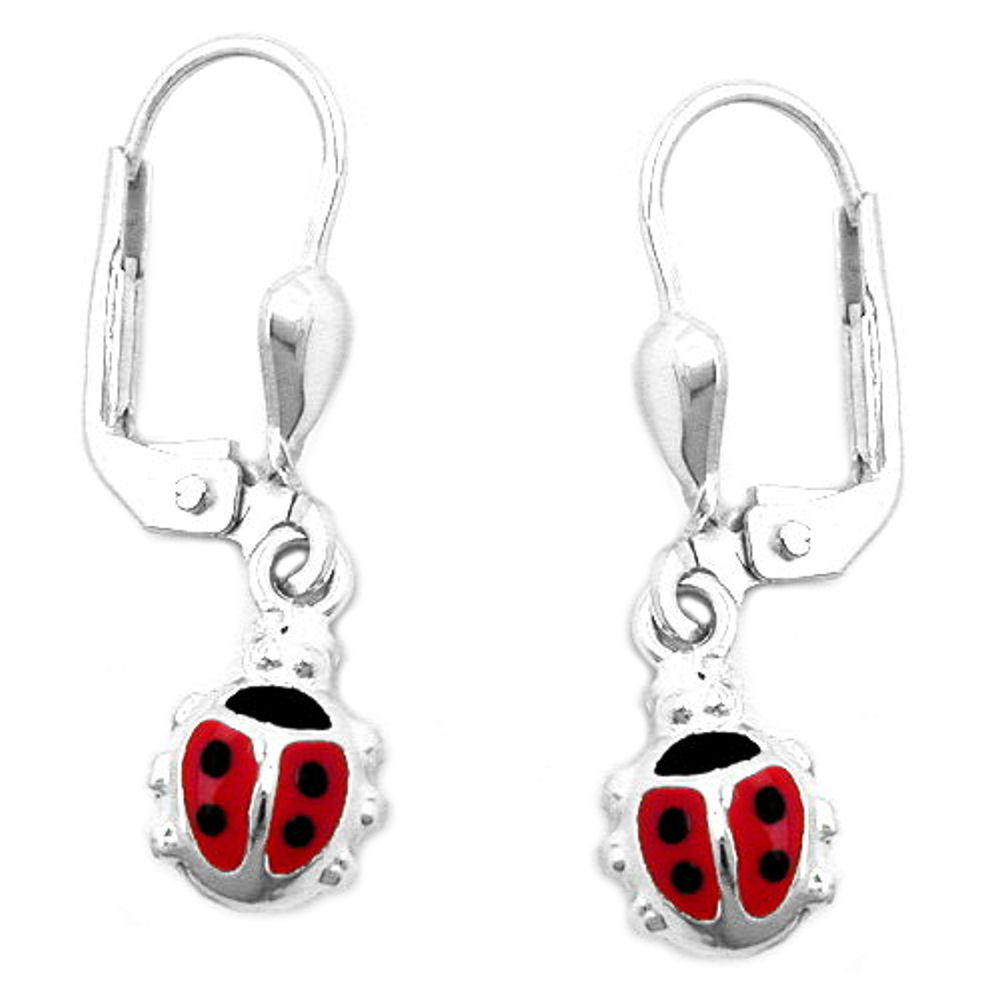 Boucles d'oreilles argent 925 en forme de coccinelle laquée rouge et noir