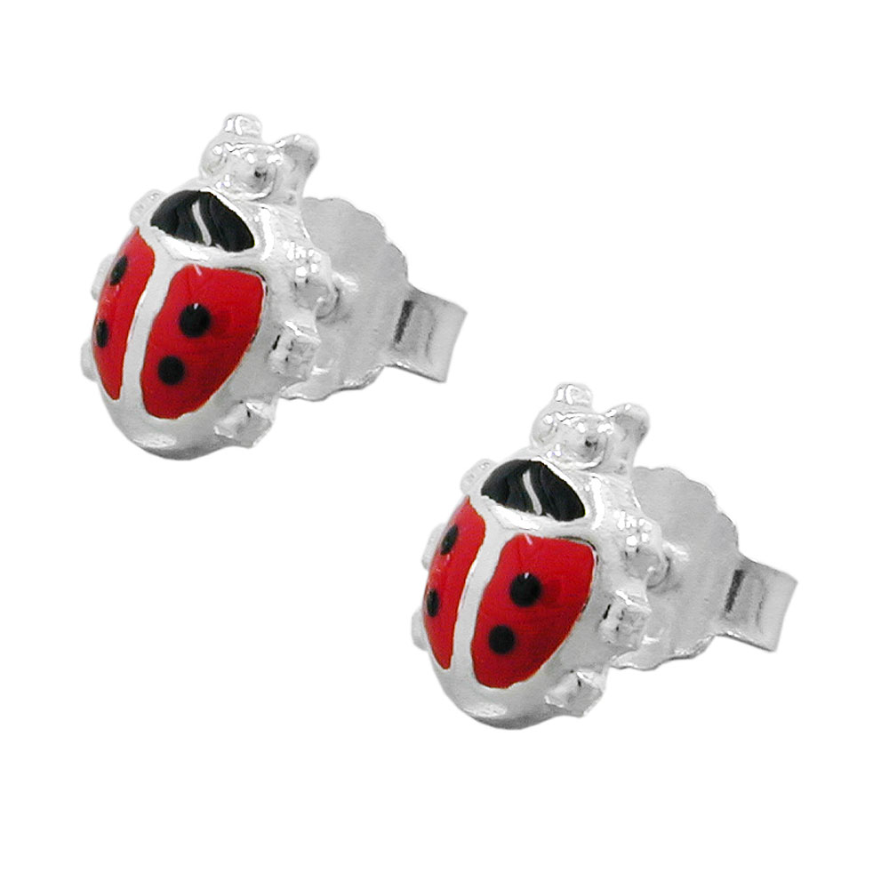 Boucles d'oreilles coccinelle argent 925 laquées rouge et noir