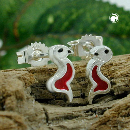 Paire de boucles d'oreilles argent forme serpent émail rouge noir