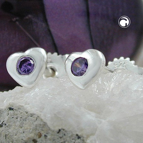 Paire de boucles d'oreilles argent sterling coeur violet