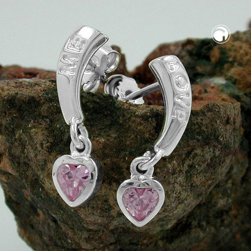 Paire de boucles d'oreilles clous argent Love coeur zircon rose