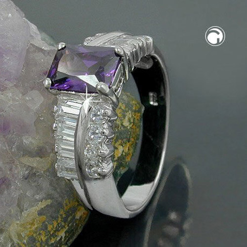 Bague argent sterling pierre améthyste zirconium blanc sur fond neutre