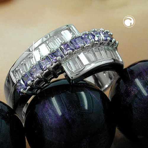Bague argent sterling rhodiée, vue de dessus, zirconias améthyste et blanc