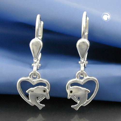 Paire de boucles d'oreilles argent sterling motif dauphin dans un cœur