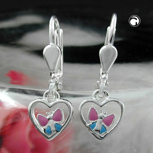 Paire de boucles d'oreilles argent sterling avec pendentif cœur et papillon laqué