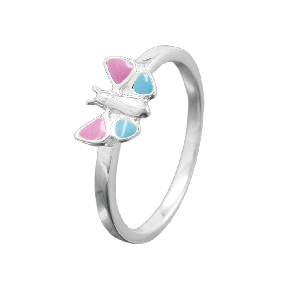 Bague argent 925 papillon rose et bleu laqué pour enfant