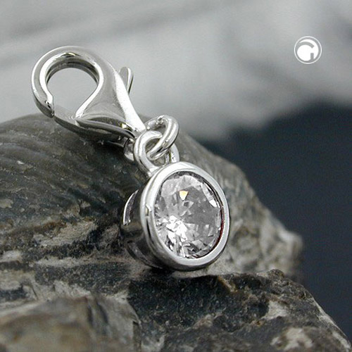 Charm argent sterling rhodié avec zirconia ronde vue de profil
