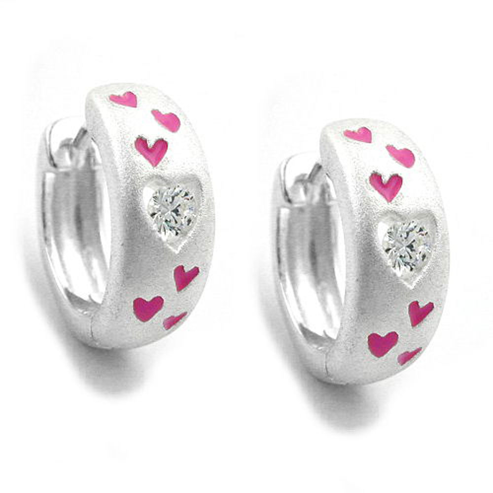 Boucles d'oreilles argent 925 avec cœurs roses laqués et zirconium