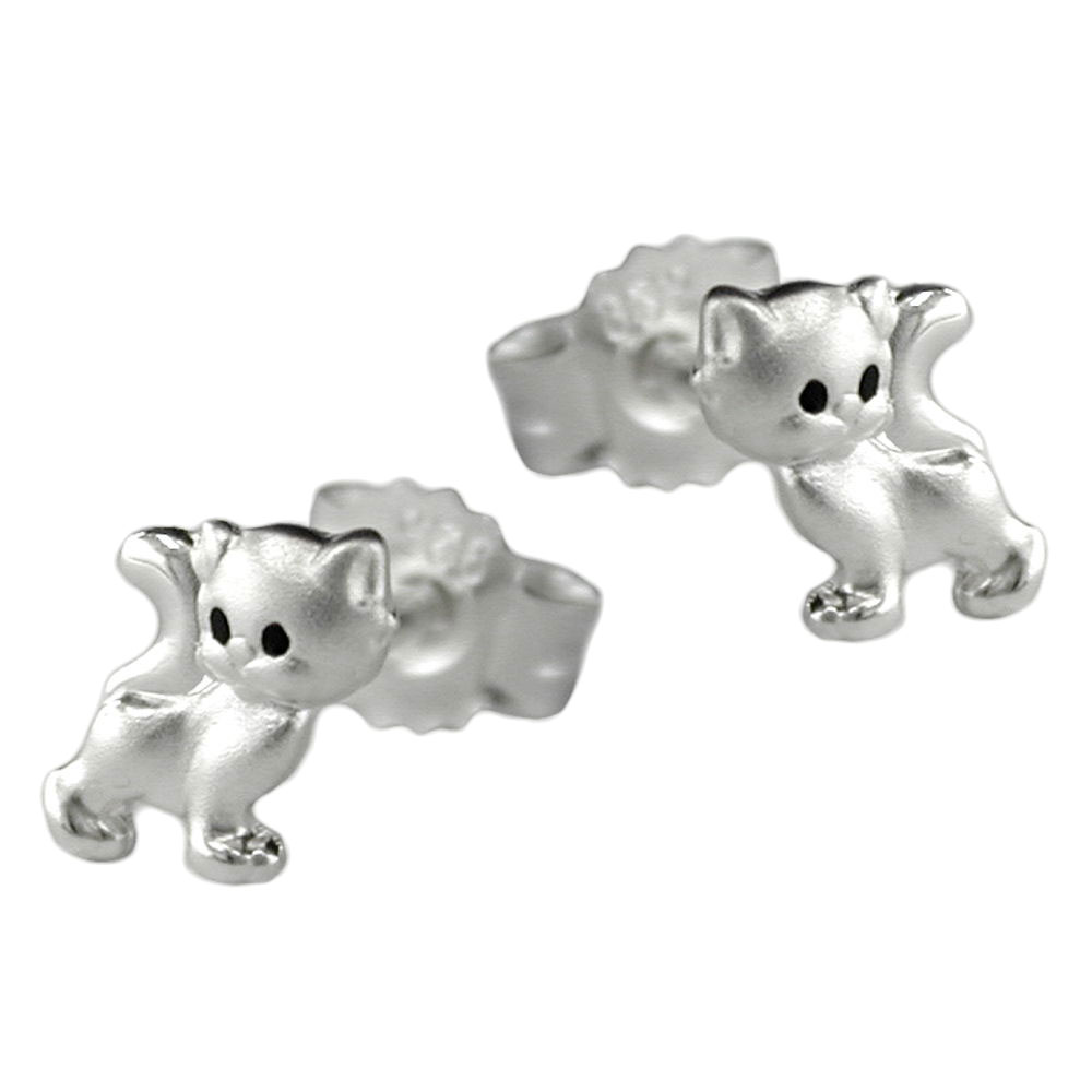 Boucles d'oreilles argent 925 en forme de chat avec yeux noirs laqués