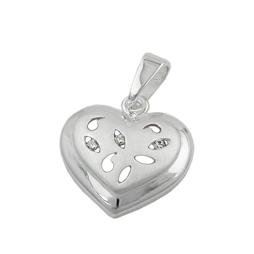 Pendentif argent 925 en forme de cœur avec trois zirconias blancs, finition mate et brillante