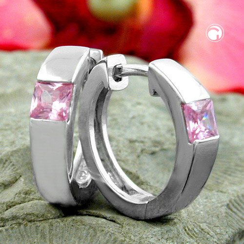 Boucles d'oreilles cercle argent rhodié zircon rose détail fermoir