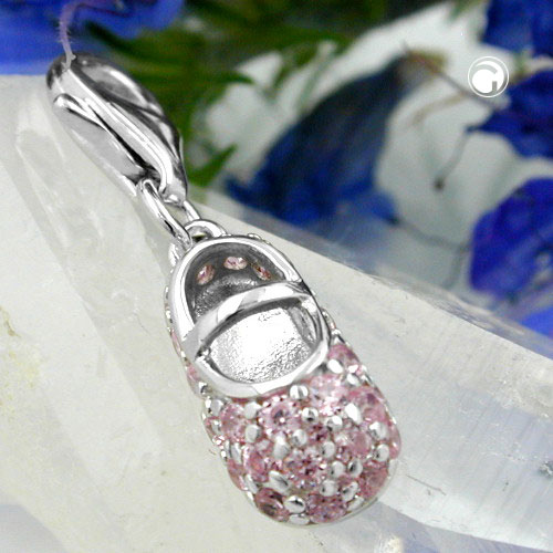 Charm argent bébé forme chaussure orné de pierres roses vue de face